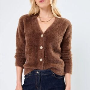 Molly Bracken Cozy Fuzzy Brown Fur Cardigan with Gold Buttons size Small